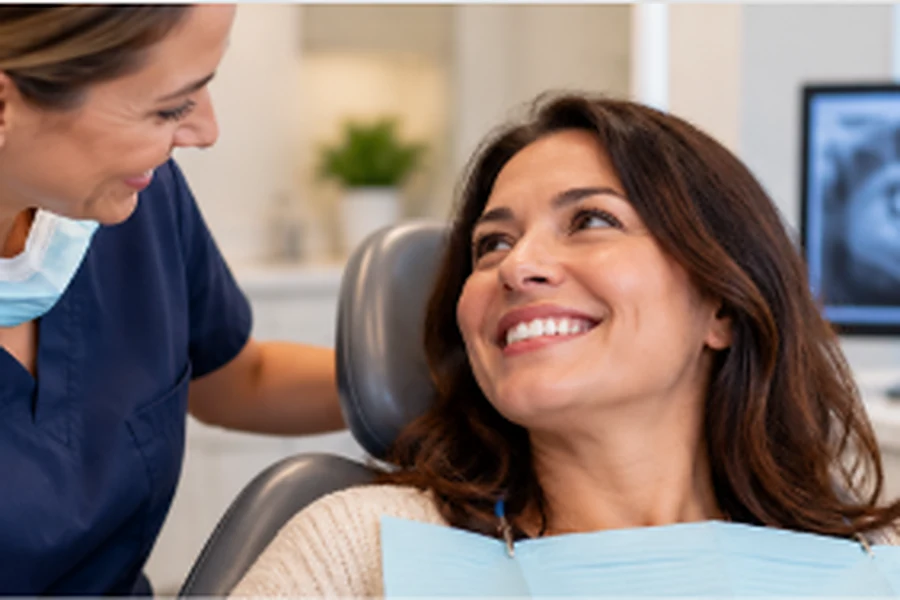 Dental hygienist smiling with a relaxed patient in the dental chair, with a dental X-ray on a monitor behind them